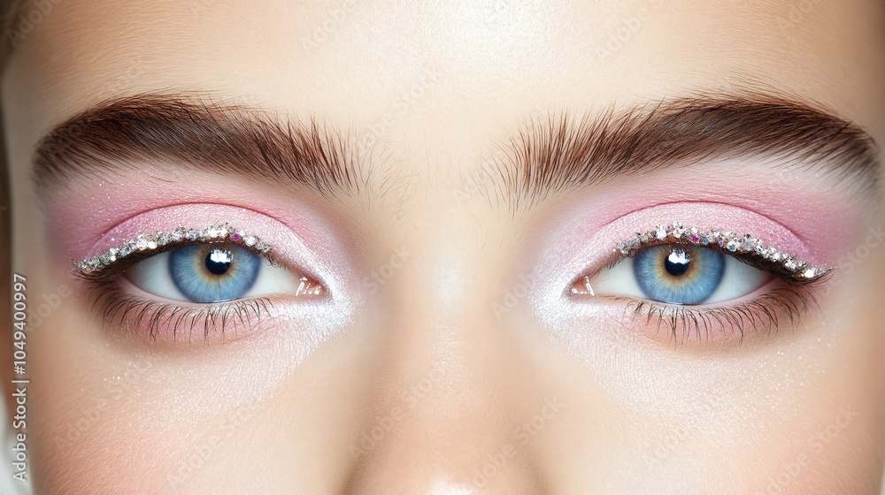 Naklejka premium Glittery pink eye makeup with bold brows and blue eyes