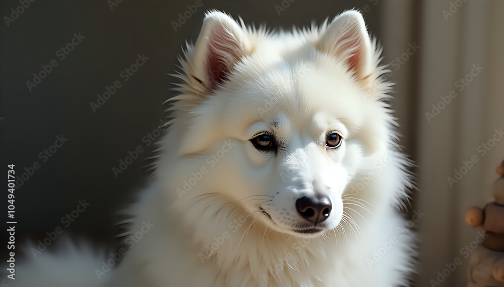 Obraz premium White samoyed sitting indoors with fluffy coat samoyed