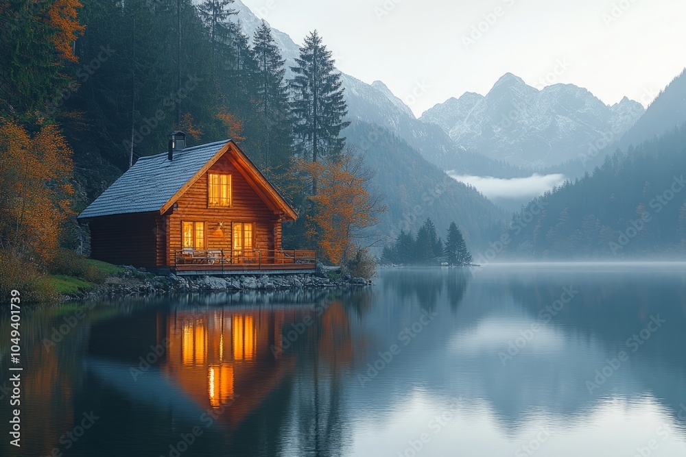 Obraz premium Serene mountain lake cabin at sunrise, warm golden light illuminating a cozy lakeside cabin with clear reflection in still water, surrounded by evergreen trees, capturing peaceful solitude in nature