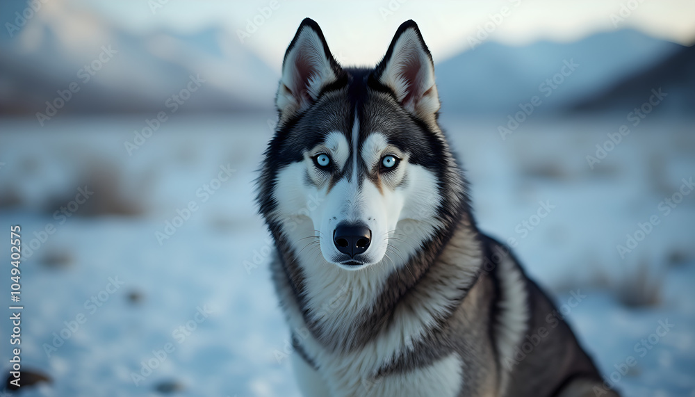 Siberian husky standing on snowy path with focused gaze siberian husky Siberian husky standing on snowy path with focused gaze siberian husky