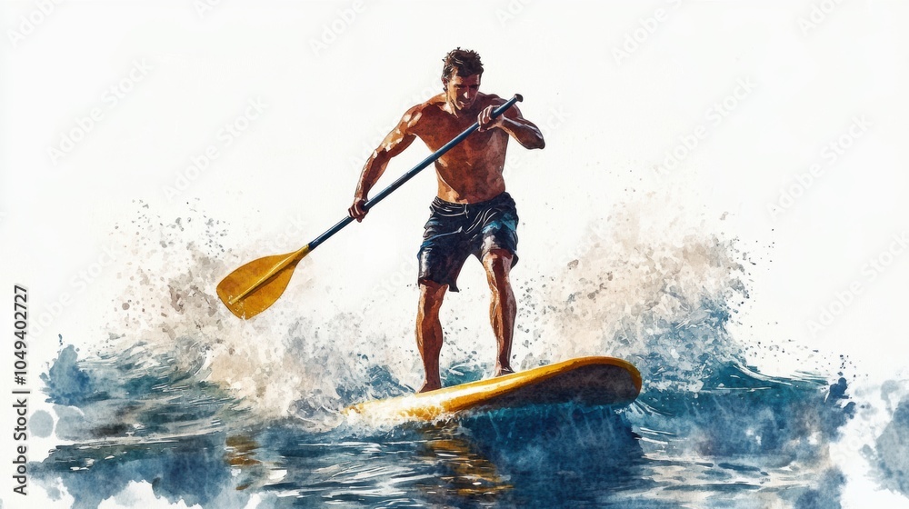 Fototapeta premium Watercolor painting of a man doing paddleboarding in water