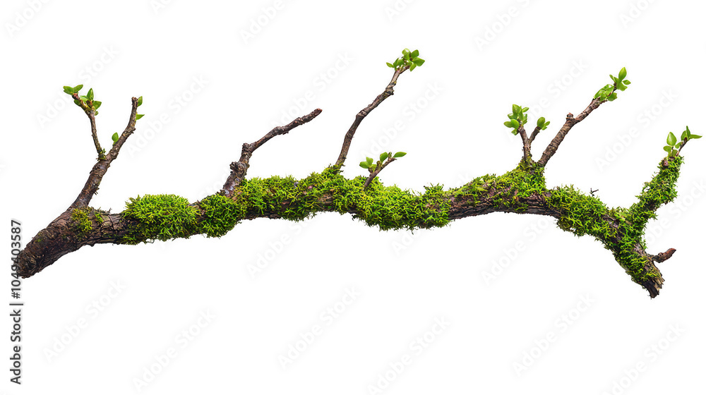Fresh green moss on decaying branch with new leaves, showcasing natures resilience and beauty on transparent background Fresh green moss on decaying branch with new leaves, showcasing natures resilience and beauty on transparent background