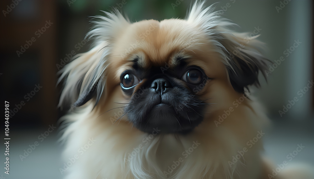 Curious pekingese with fluffy coat lying on bed pekingese Curious pekingese with fluffy coat lying on bed pekingese