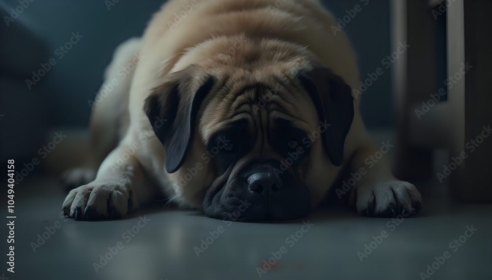 Fototapeta premium Pug Dog Lying Indoors Looking Relaxed