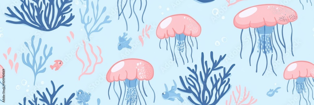 Naklejka premium Seamless repetitive pattern of beautiful jellyfish. Artistic illustration