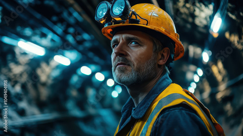 miner in full safety gear stands confidently in underground tunnel, illuminated by bright lights. His focused expression reflects importance of safety in mining operations