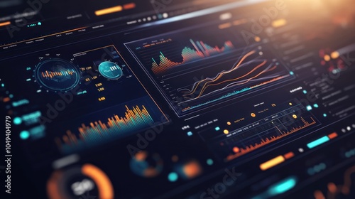 A digital dashboard displaying data analytics with graphs and metrics.