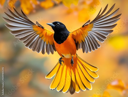 Baltimore Oriole in Flight with a Soft Natural Blur Background