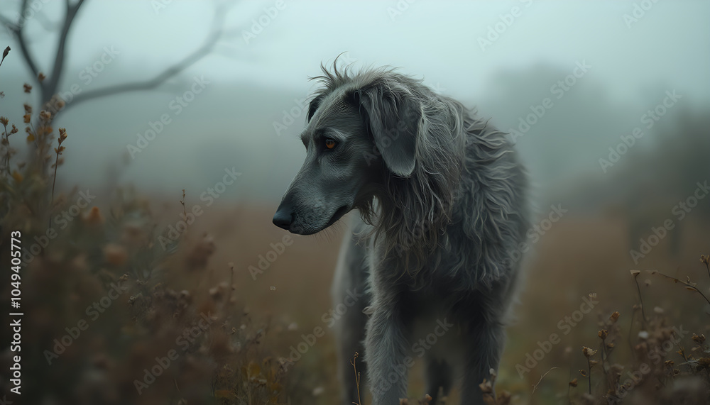 Fototapeta premium Scottish Deerhound in Foggy Field with Majestic Pose