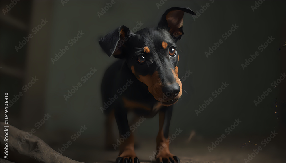 Small black Dachshund indoors with ears perked, looking up curiously Small black Dachshund indoors with ears perked, looking up curiously