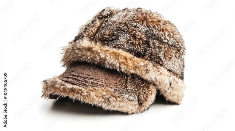 Obraz premium Furry Winter Hat with Brown Leather Brim and Faux Fur