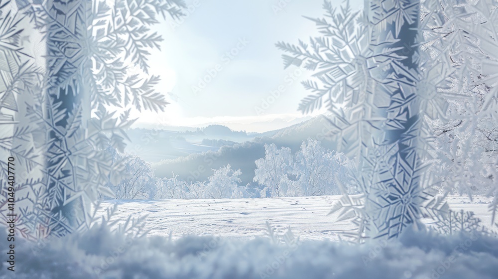 Fototapeta premium Frosty Windowpane Revealing a Snow-Covered Winter Landscape