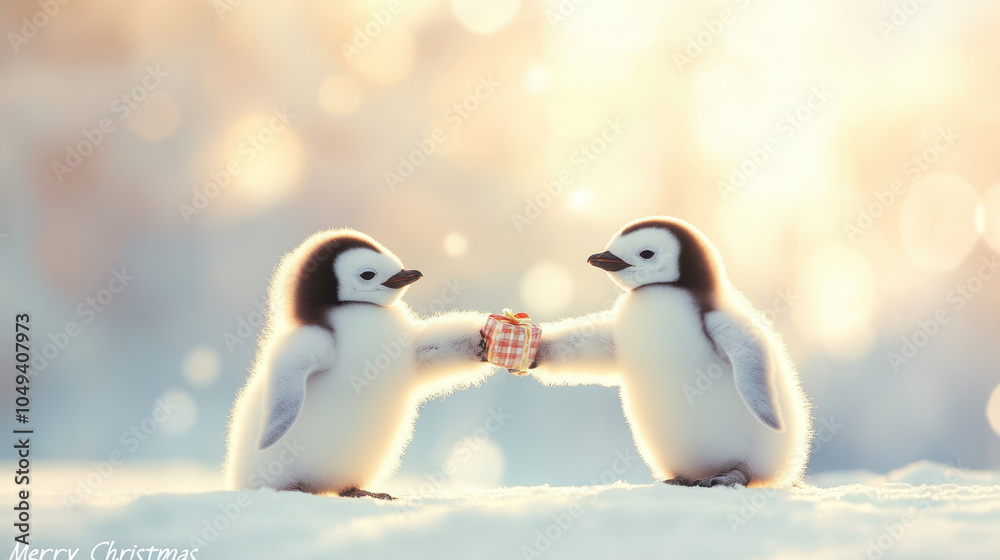 Fototapeta premium Two adorable penguin chicks exchanging small gift in snowy landscape, capturing joy and warmth of holiday season. Their playful interaction brings sense of happiness and festive spirit