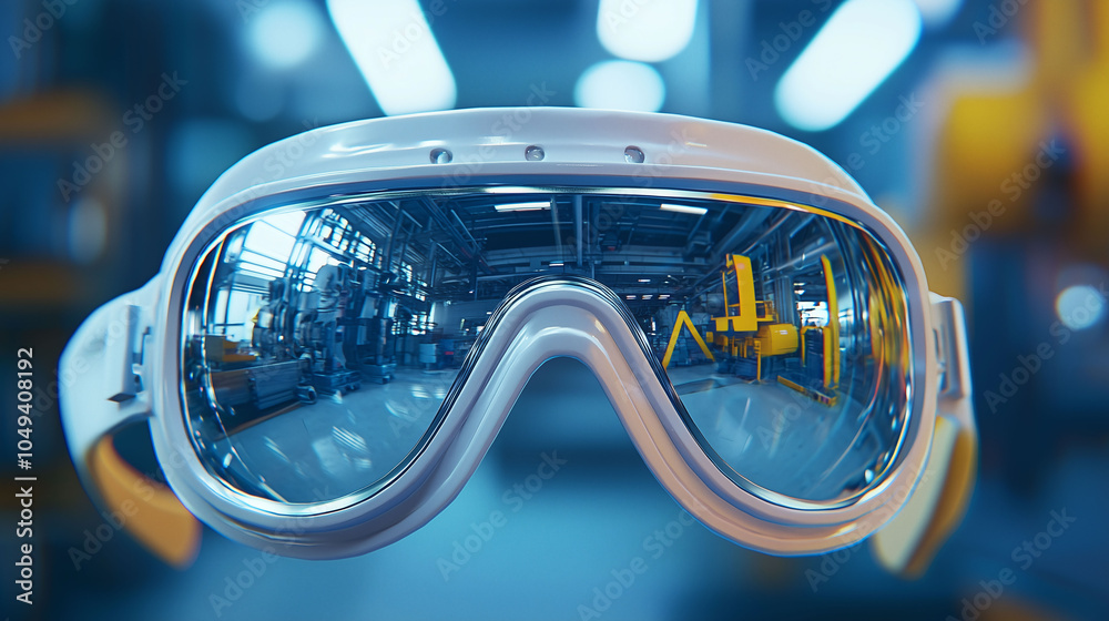 A pair of goggles with a blue reflection in the lens A pair of goggles with a blue reflection in the lens