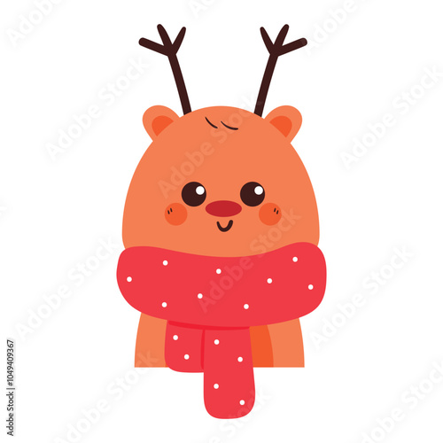 cute drawing cartoon deer with red scarf in winter day. cute animal doodle for winter sticker, animal icon