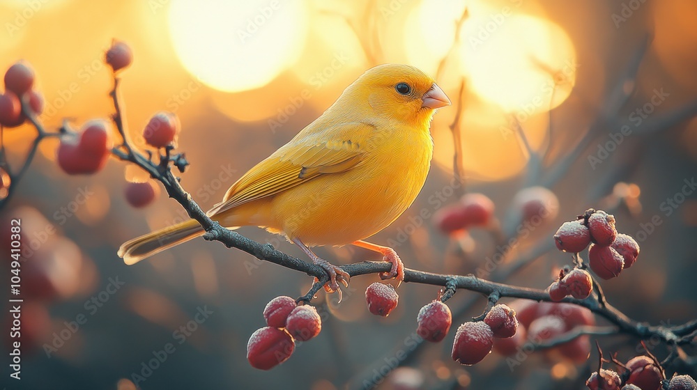 Fototapeta premium A vibrant yellow canary perched on a branch with red berries, bathed in the warm glow of a setting sun.