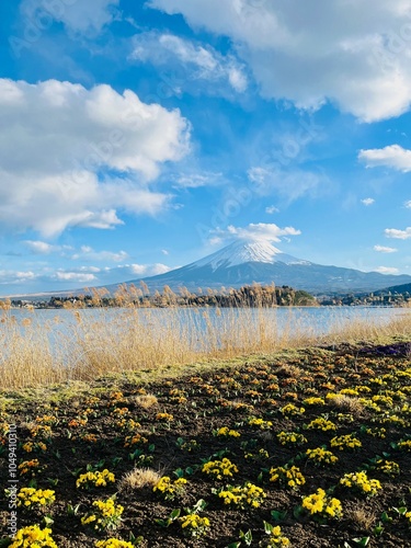 Kawaguchiko, JAPAN - March 21, 2024: Mount Fuji at the base of Lake Kawaguchiko on a sunny day photo