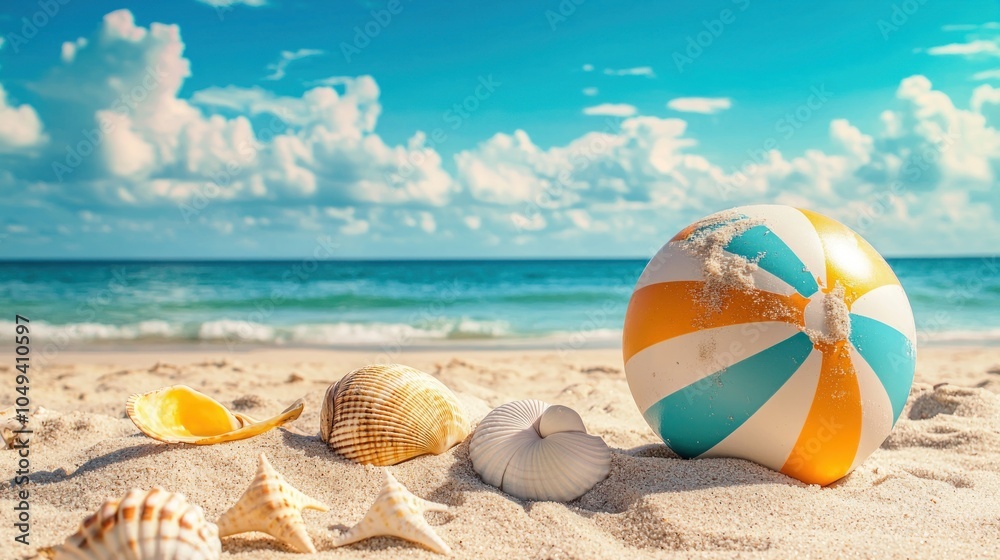 Obraz premium A beach ball partially buried in the sand with seashells and beach accessories around it