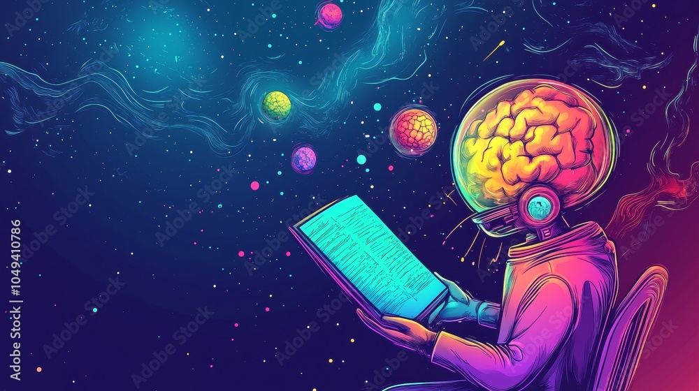 Fototapeta premium Astronaut with a brain in a glass helmet reading a book in space