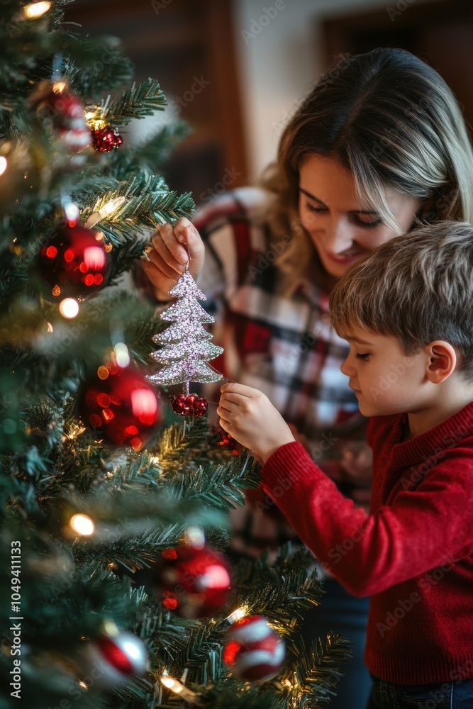 Hand putting on decoration ornament on Christmas tree. Hand putting on decoration ornament on Christmas tree.