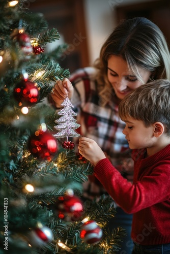 Hand putting on decoration ornament on Christmas tree.