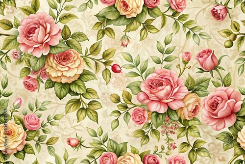 Classic floral pattern featuring interlocking roses and leaves in a timeless and elegant design, vintage charm, refined interior