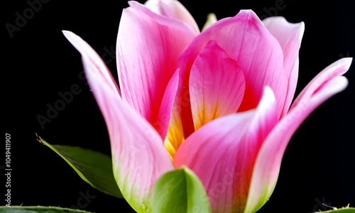 Pink and white flower bud with green leaf on a black background.