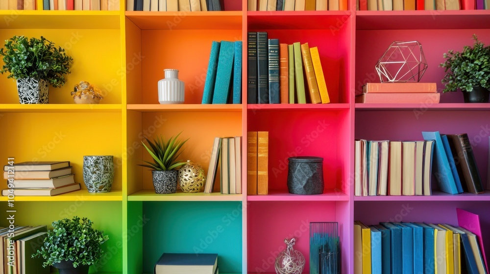 Neatly organized bookshelf filled with a variety of colorful books and a few decorative items Neatly organized bookshelf filled with a variety of colorful books and a few decorative items