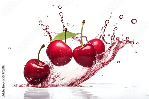 Cherry with water splashing on white background