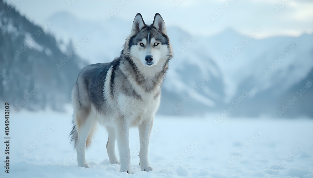 Husky standing in snowy mountains, cold and majestic winter landscape Husky standing in snowy mountains, cold and majestic winter landscape