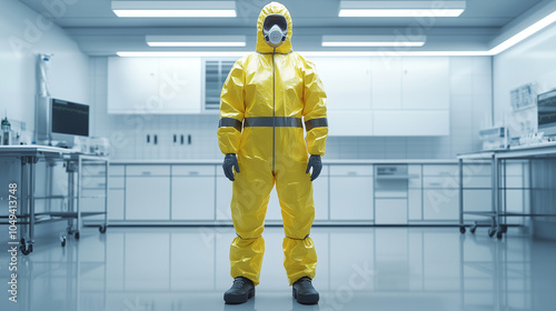 A full-body hazmat suit, bright yellow with reflective strips, standing in a sterilized lab environment. Sterile white walls and medical equipment surround it, with cold, clinical lighting.  photo