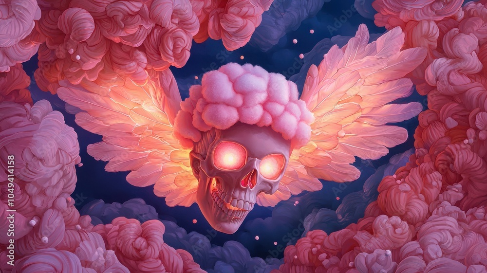 Obraz premium A colorful skull with pink flowers and wings against a dreamy background.