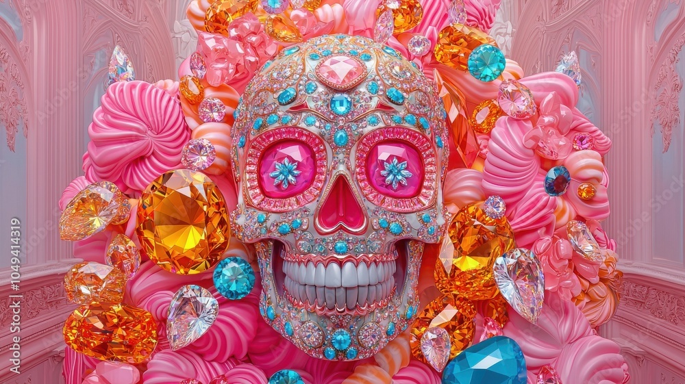Fototapeta premium Colorful skull adorned with gems and sweets, vibrant artistic representation.