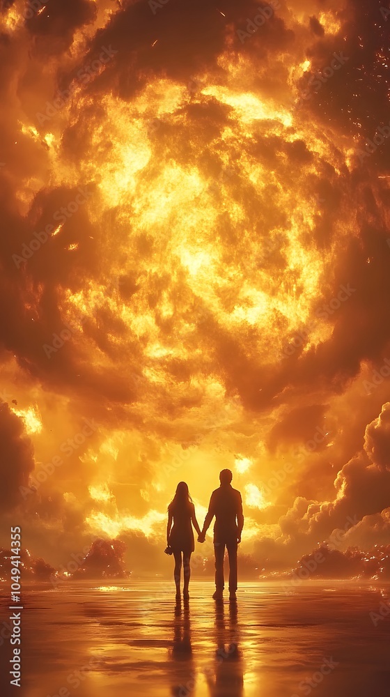 Fototapeta premium Silhouette of a couple holding hands against a fiery sunset backdrop.