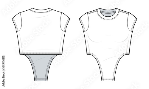 Fitted symmetrical hem crop top shirt flat technical fashion illustration. Crop top shirt fashion flat technical drawing template, front view, back view, slim fit. white color, women, CAD mockup.