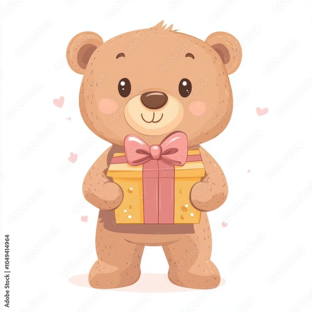 Fototapeta premium Cute bear holding a gift box isolated over white background.