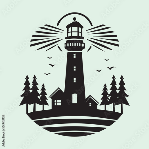 Guiding Light Crest Nautical Lighthouse logo vector, Guiding Light Crest Nautical Lighthouse silhouette vector icon black and white