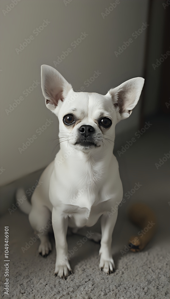 Chihuahua sitting with alert expression indoors, small and attentive Chihuahua sitting with alert expression indoors, small and attentive
