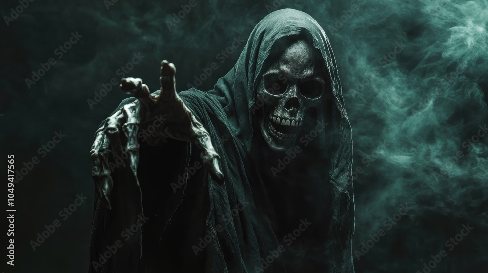Grim reaper with scythe. Halloween theme poster.