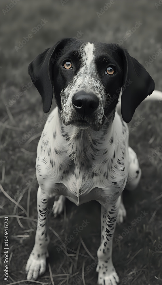 Dalmatian sitting in grassy field with attentive look Dalmatian sitting in grassy field with attentive look