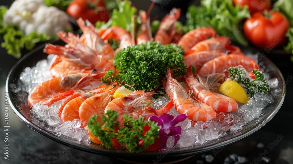 Fresh Cooked Shrimp Arranged on Ice in a Black Bowl Fresh Cooked Shrimp Arranged on Ice in a Black Bowl