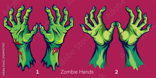 Zombie Hands Gesture in Green, Horror Halloween Design, Spooky Two Hands Illustration