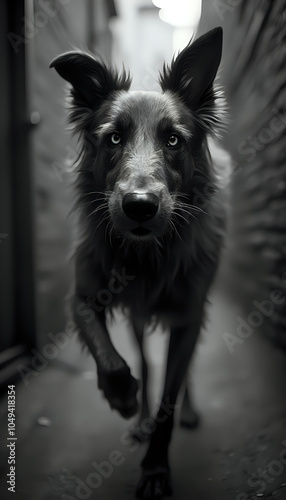 Mixed-breed dog with scruffy fur standing in urban setting, curious