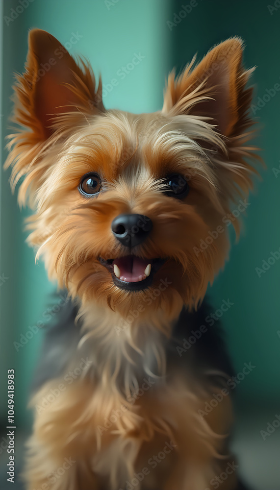 Yorkshire Terrier with joyful expression on teal background, cute and lively Yorkshire Terrier with joyful expression on teal background, cute and lively