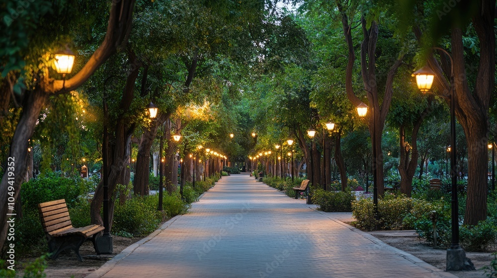 Obraz premium Tranquil Park Pathway Illuminated by Soft Lights