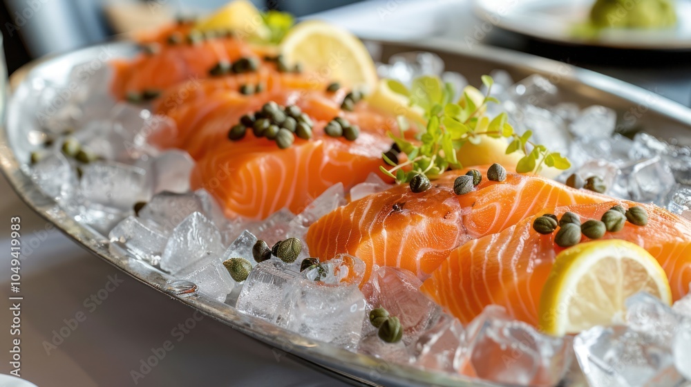 Sliced Salmon with Capers and Lemon on Ice in a Silver Platter Sliced Salmon with Capers and Lemon on Ice in a Silver Platter