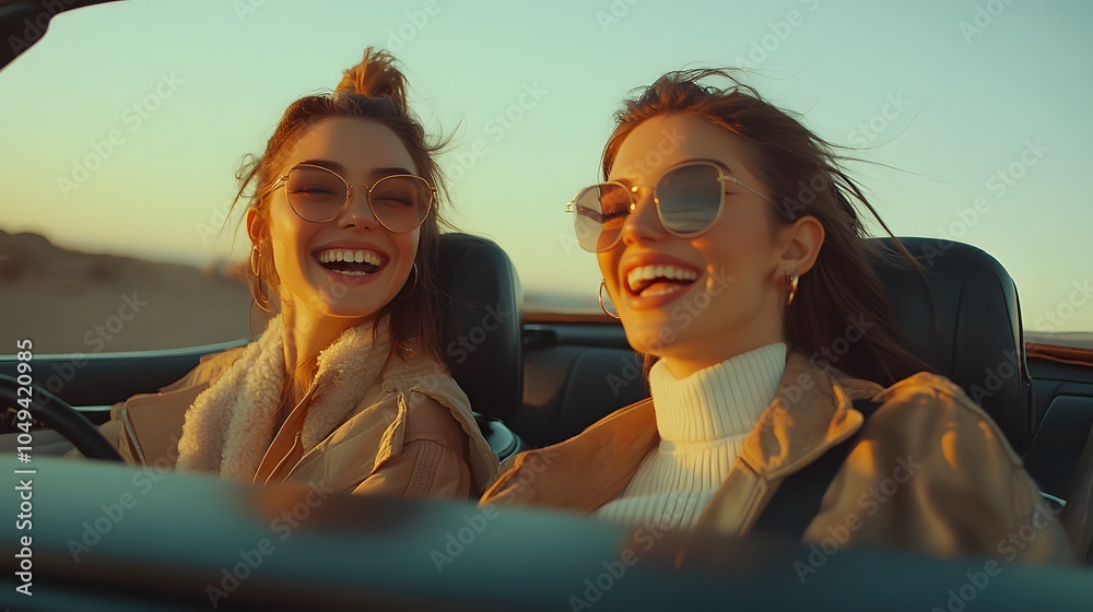 Two joyful young women enjoying a drive in a convertible at sunset. Two joyful young women enjoying a drive in a convertible at sunset.