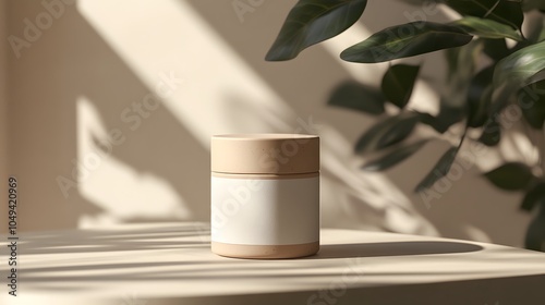 Blank mockup template of a packaging label on a small cylindrical tea container, surrounded by soft shadows and natural light.