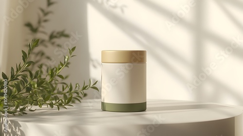 Blank mockup template of a packaging label on a small cylindrical tea container, surrounded by soft shadows and natural light.