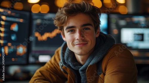 A young male data analyst is smiling and staring at the camera in front of multiple interactive display screens in a high-tech office. Fashionable and casual attire, with soft and bright lighting